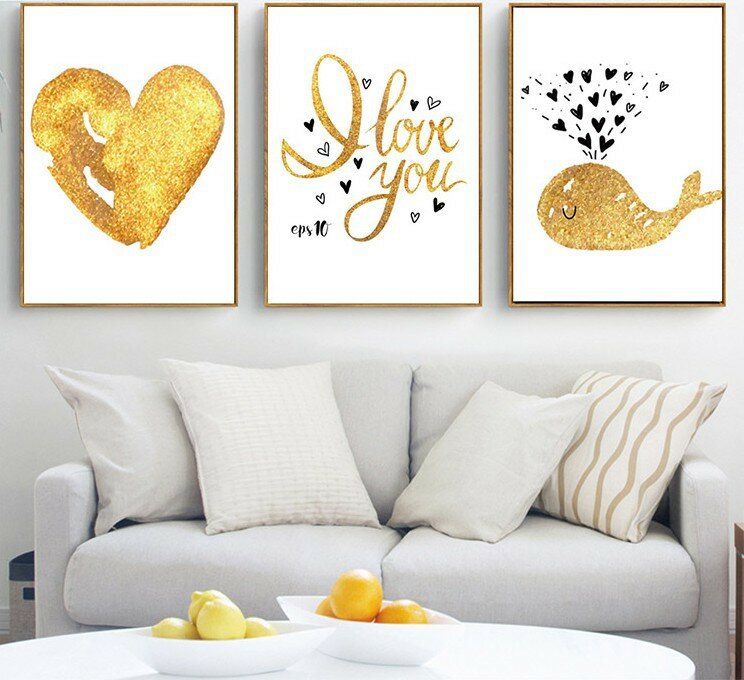 Norte europeu-estilo hipster ouro desenhos animados animal coração inglês pintura núcleo folha de ouro golfinho baleia pintura decorativa fram