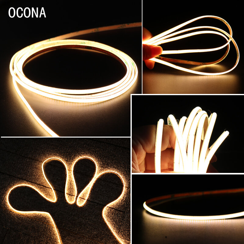 OCONA-Super fino COB LED Strip Lights para Home Decor, alta densidade, fita de luz flexível, branco quente regulável, 480LEDs por m, 12V, 24V, 4mm