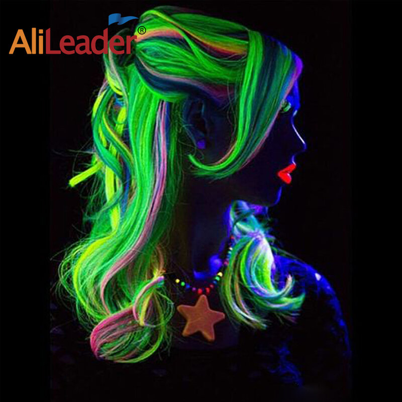 20 Zoll Glow-in-Haar verlängerungen Clip in farbigen Haar teilen Party Regenbogen Haars pangen synthetische Neon gefälschte Haarteil für Frauen