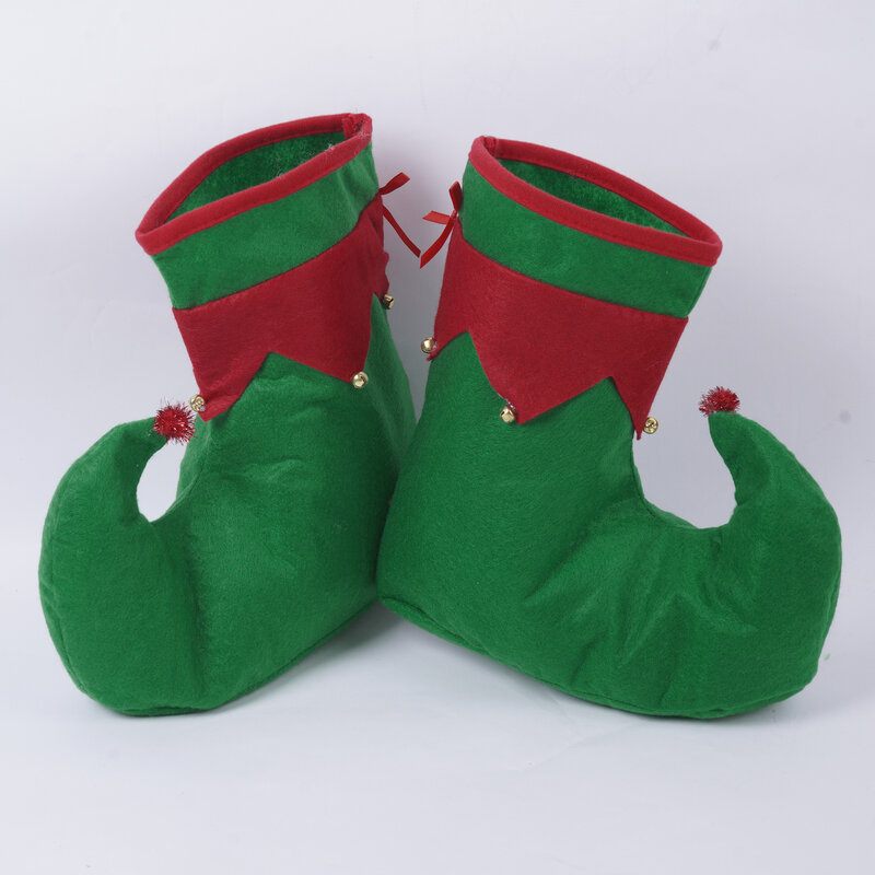 Kostum Cosplay Natal Halloween Sepatu Besar dengan Lonceng Ikatan Simpul Dekoratif Topi Dekorasi Lonceng Elf Stoking Paha
