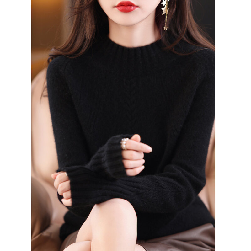 Half-High Neck Raglan Sweater Women's New Autumn Winter Bottoming Pullover Ioose Temperament Iong-Sleeved 100% Pure Wool Sweater