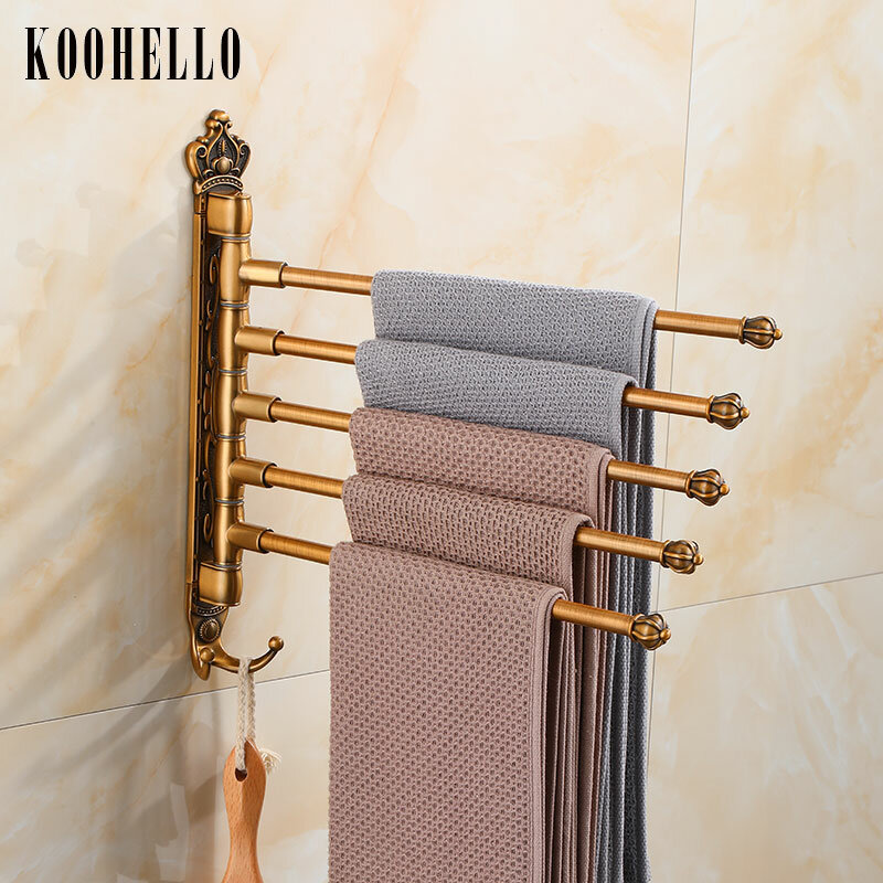 Bathroom Swivel Towel Bar with Hooks Wall Mounted Swivel Arm Towel Rack Antique Aluminum Towel Rail Holder with 2/3/4/5 Arms