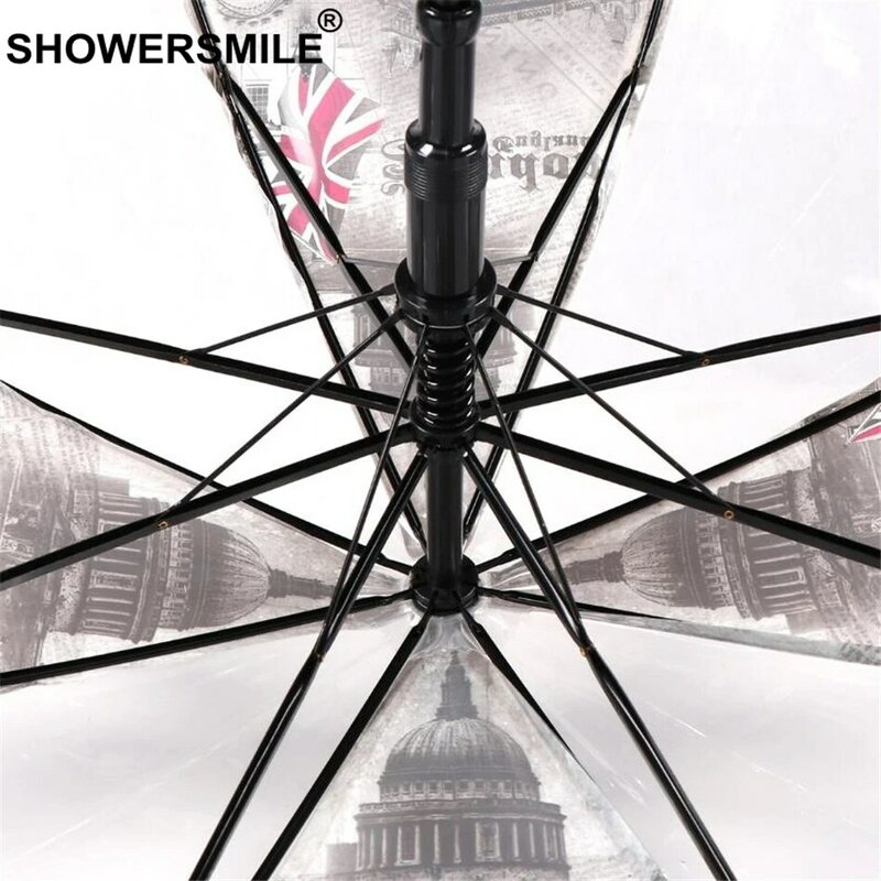 Showersmile 투명 우산 자동 여성 케이지 우산 롱 핸들 영국 런던 빌딩 숙녀 아폴로 비 우산