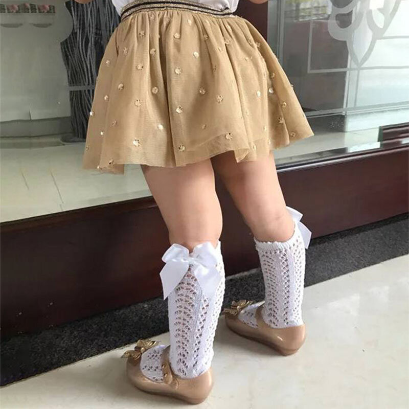 0-2 년 아기 소녀 양말 아기 여름 메쉬 통기성 긴 양말 Bowknot 패션과 순수 컬러 무릎 높은 양말