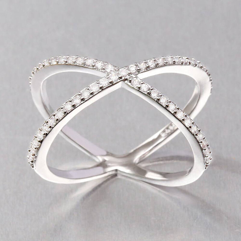 แหวนเงินแฟชั่น Zircon Rhinestone Inlayed Dating งานแต่งงานเครื่องประดับของขวัญผู้หญิง Vintage Cross X แหวนคริสตัล
