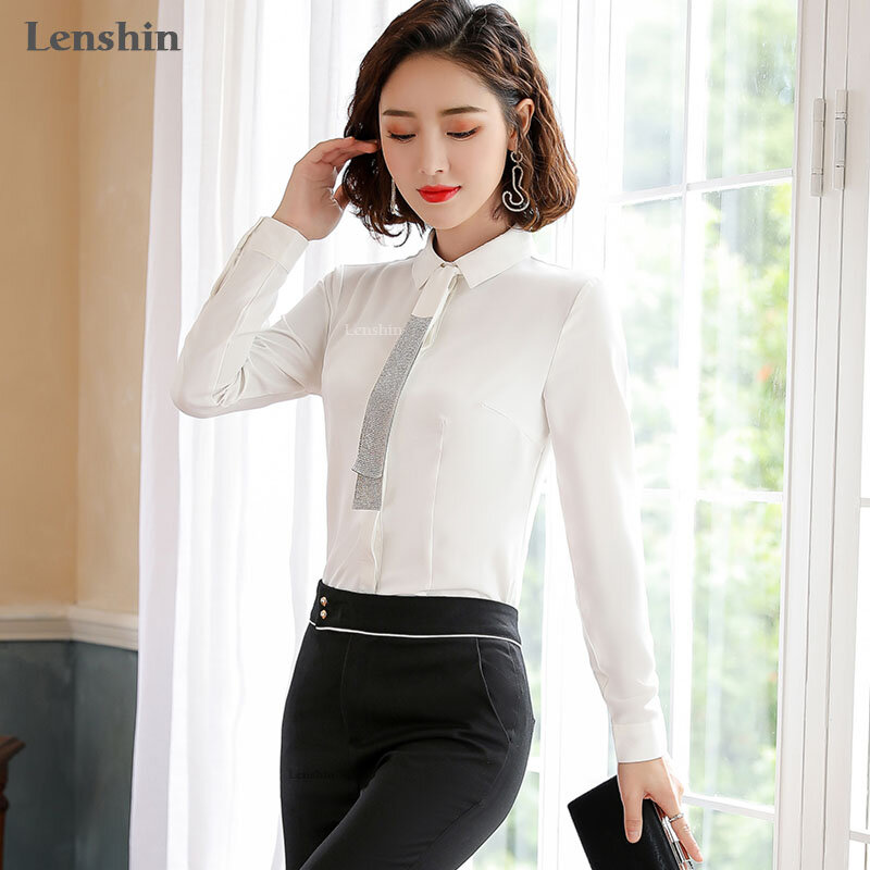Lenshin blusa solta com gravata feminina, camisas de trabalho moda escritório para mulheres top feminino estilo solto