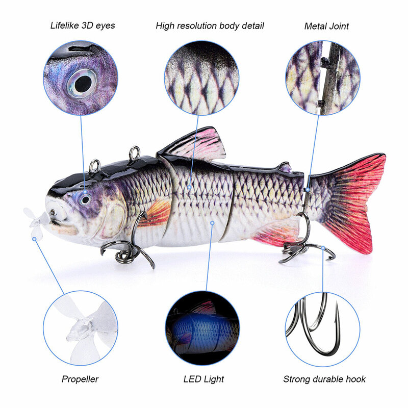 Leurre de pêche robotique avec lumière LED clignotante, Wobblers électriques, Appât nageur, Leurre aste, 4 segments, Crankbait