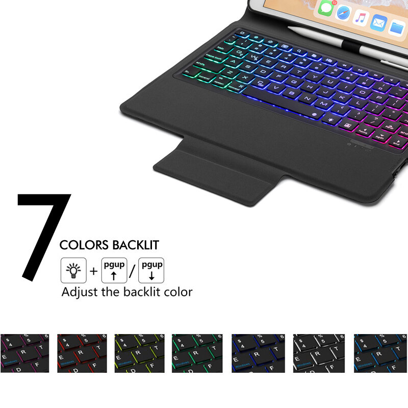 Casing Keyboard nirkabel Bluetooth 5.1 untuk iPad 10.2 "2019, casing kulit ramping Premium 7 warna lampu latar, semua dalam satu desain