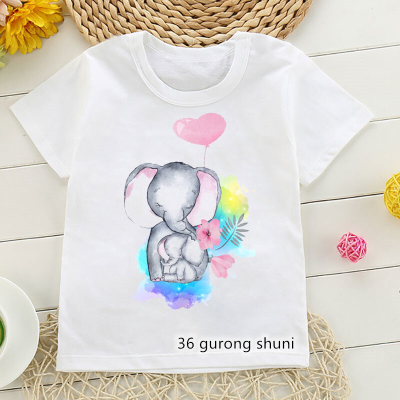 Camiseta con diseño de elefante bonito para niñas, Camiseta con estampado gráfico de globo para niños, camisetas divertidas de dibujos animados de animales, venta al por mayor