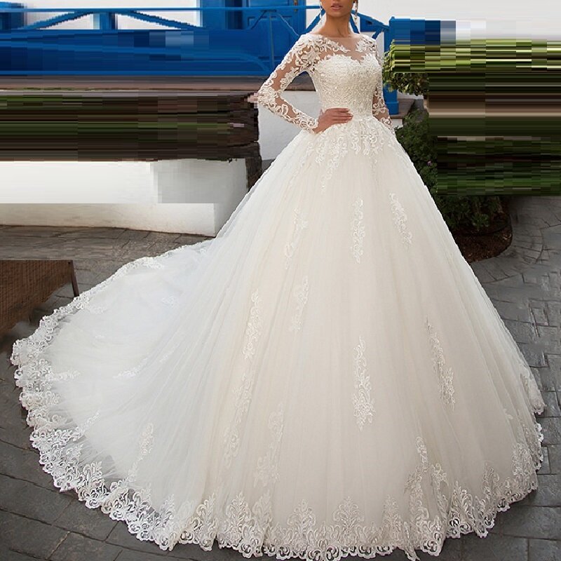 Podwójna koronka warstwa księżniczka suknia ślubna z długim rękawem koronkowe aplikacje vestido De Noiva Sweep Train Bride Bridal