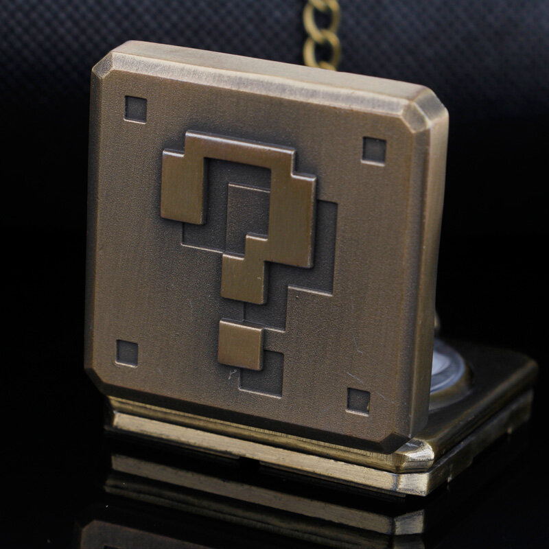 Bronze Quadrat große Fragezeichen Design Taschenuhr Kette Spiel Box Form Anhänger Quarz Taschenuhren für Herren Jungen Geschenke