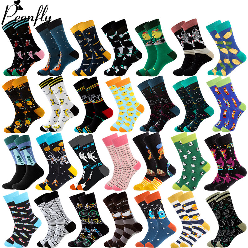 PEONFLY – chaussettes en coton peigné pour hommes, 1 paire, dessin animé astronaute planète étoile, chaussettes joyeuses, nouveauté Hip Hop, chaussettes amusantes