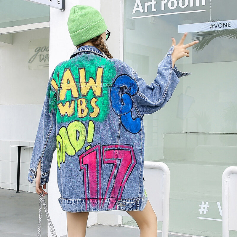Chaqueta vaquera con Graffiti para mujer, ropa de talla grande, diseño de calle alta, Otoño, 2023