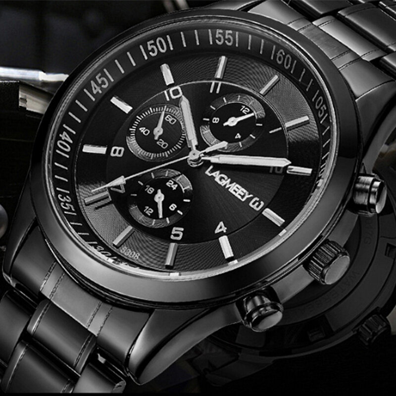 Relojes negros de lujo para hombre, reloj de acero completo, reloj de pulsera deportivo para hombre, reloj de negocios Erkek Kol Saati