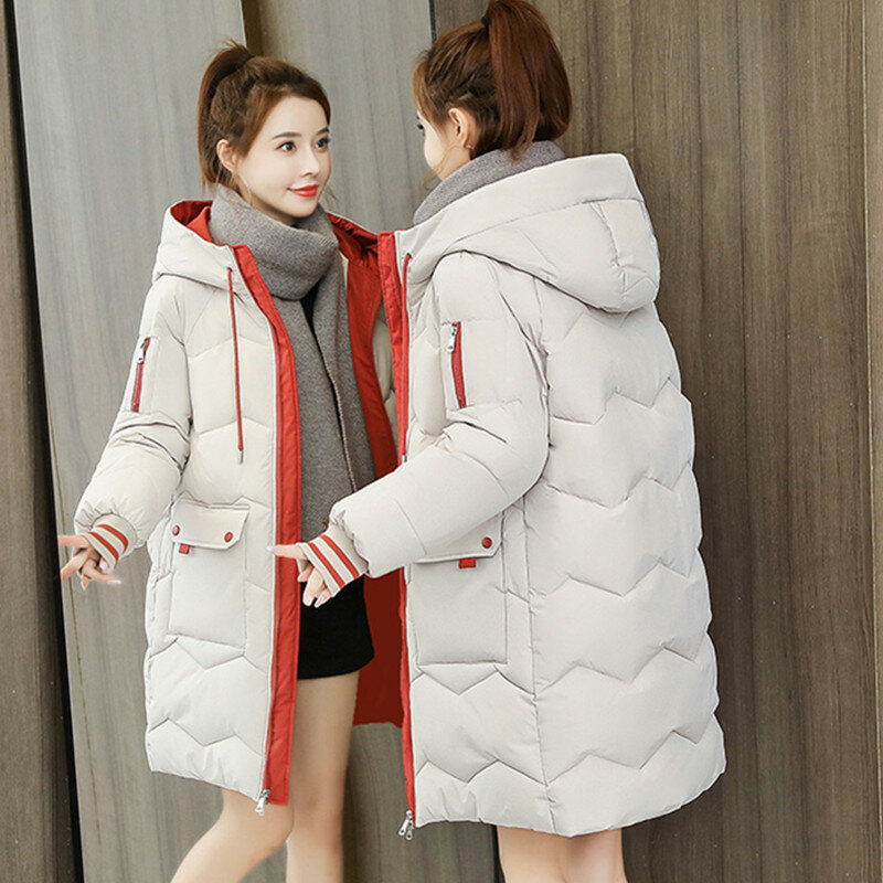 UHYTGF kurtka zimowa kobiety z kapturem zimoodporne studenci ciepły płaszcz kobieta średniej długości dół kurtki zagęścić 3XL duży rozmiar kurtki 1015