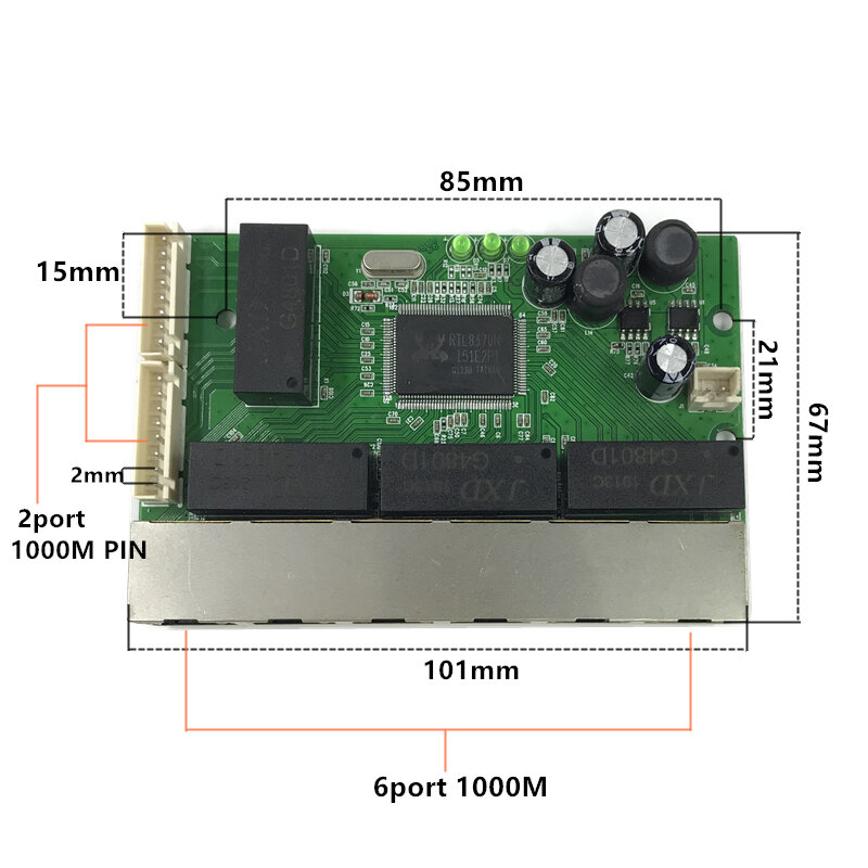 OEM PBC 8 Port Gigabit Ethernet Switch 8 Port Met 8 Pin Way Header 10/100/1000 M Hub 8Way Power Pin Pcb Board OEM Schroef Gat