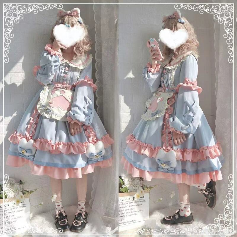 Lolita vestido japonês manga cheia de gato bonito sobremesa estação lolita outono inverno kawaii op bonito vestido de luz lo chá vestido de festa