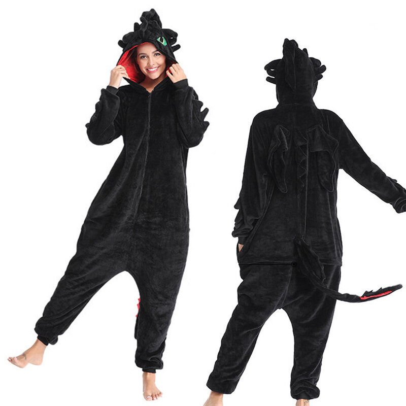 Dragon White Black Onesie Adult Unisex Flannel Pajama Anime Cosplay Costume Train Your Night Fury Sleepwear E46762AC