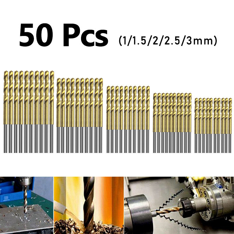 Titânio revestido Drill Bits Set, aço de alta velocidade HSS, ferramentas elétricas de alta qualidade, 1mm, 1.5mm, 2mm, 2.5mm, 3mm, 50Pcs, venda quente