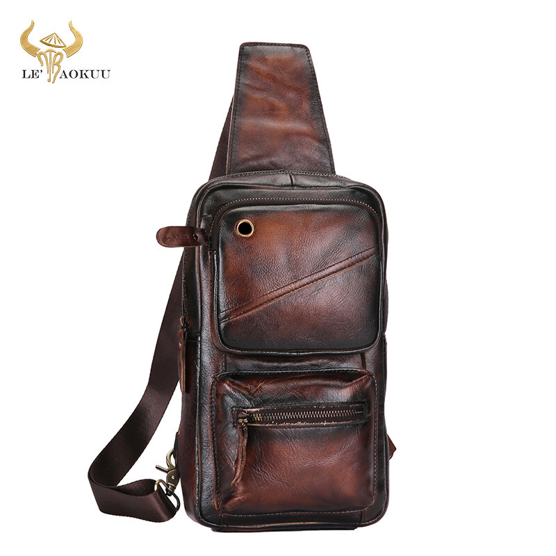 Hot Koop Real Graan Bull Leather Driehoek Sling Borst Bag 8 "Tablet Ontwerp Een Schouderriem Cross-Body tas Voor Mannen Mannelijke 8020