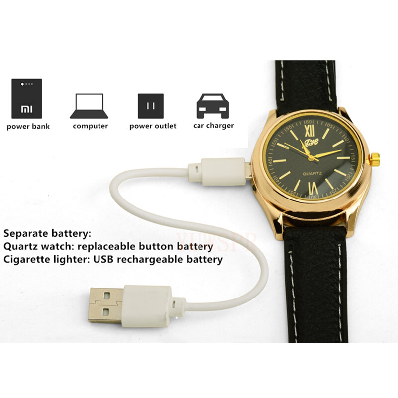 นาฬิกาผู้ชายชาร์จ USB ไฟแช็กนาฬิกา Casual แฟชั่นสายรัดข้อมือกลางแจ้ง Flameless บุหรี่ไฟแช็ก Quartz นาฬิกาสำหรับชาย JH319