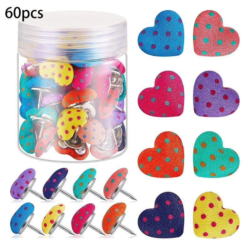60 pces multi-purpsoe colorido coração-como pushpins conjunto para placas boletim escolar