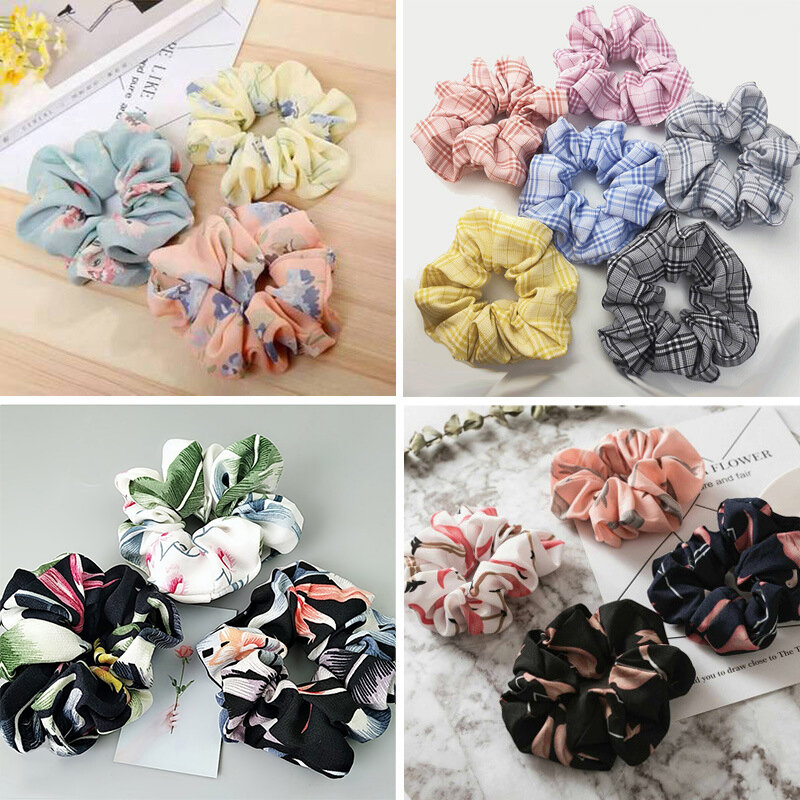 Women Hair Accessories Flower pattern Printed Lady Scrunchies Ponytail Hair Rubber Hair Band Hair Tie Striped Holder Rope Bands