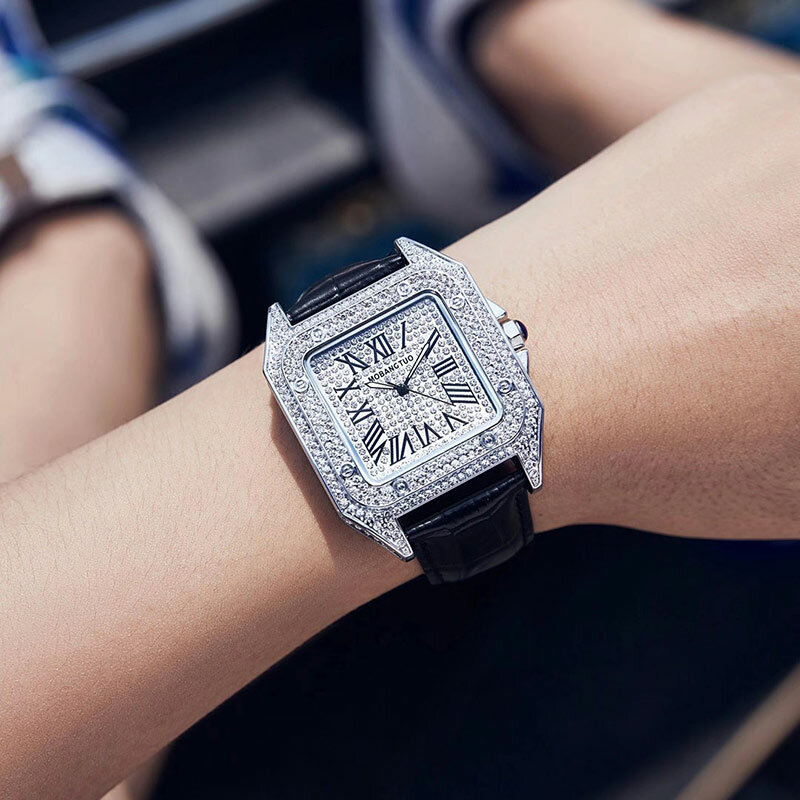Top Brand Luxe Horloge Vrouwen Quartz Waterdicht Volledig Diamond Dameshorloge Zilver Vierkante Paar Horloges Met Strass