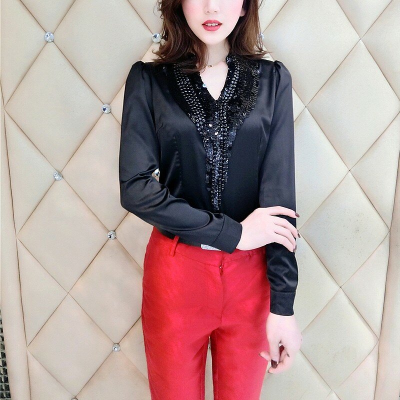 Женская блузка с блестками, приталенная блузка с V-образным вырезом и длинным рукавом, в Корейском стиле, лето 2020