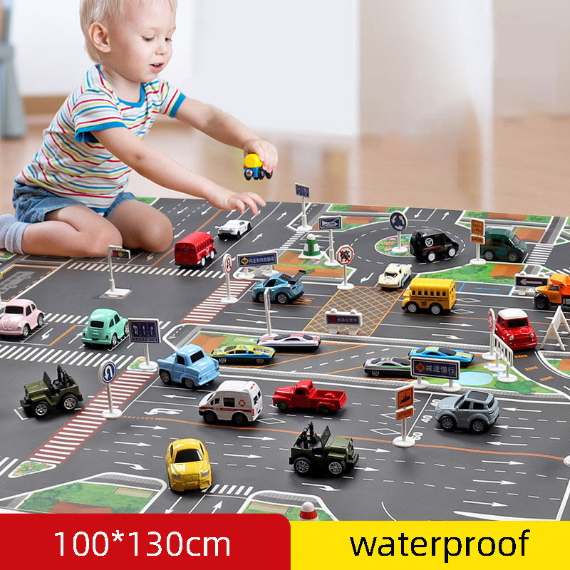 Waterproof Non-woven 130*100Cm Grote Stad Verkeer Auto Park Spelen Mat Kids Playmat Pull Back Auto speelgoed Voor Kinderen Mat