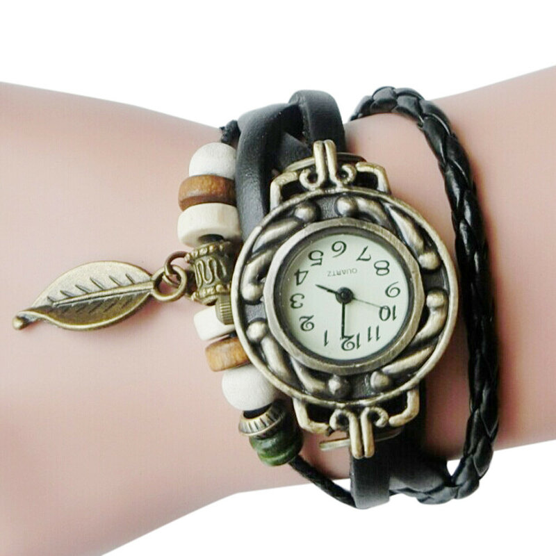 女性のための色とりどりの革の腕時計,良質,ヴィンテージクォーツ時計,葉の贈り物