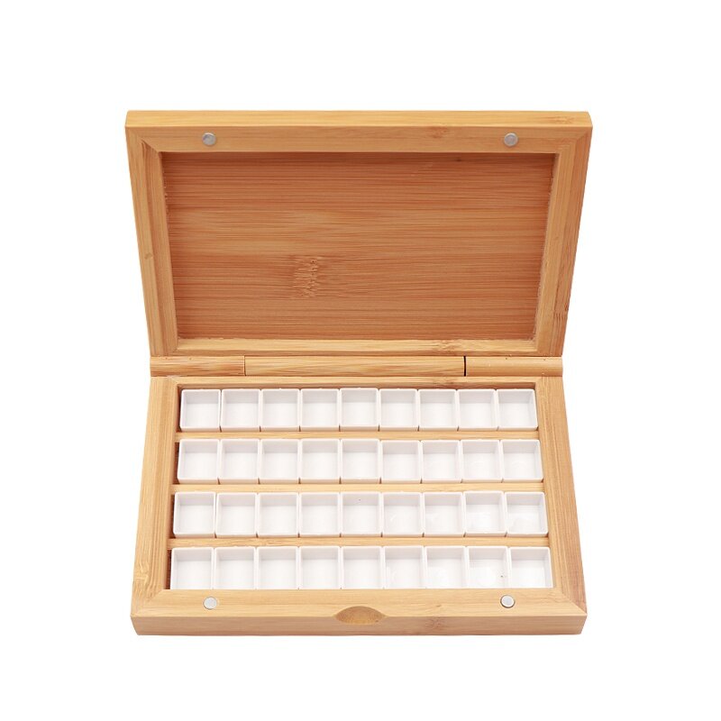 Empty Bamboo Paint Palette With Lid Portable Watercolor Paint Tray Storage Box With 24/36 Half Pans for Painting Art Supplies