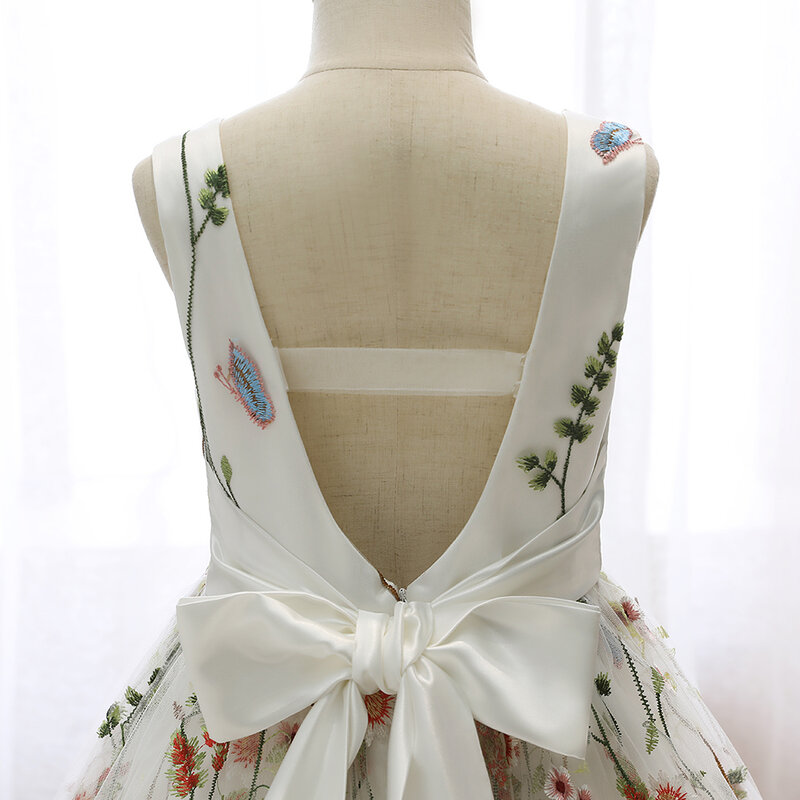 女の子のための花柄のイブニングドレス,ノースリーブのプリンセスパーティードレス,オープンバック,弓付き