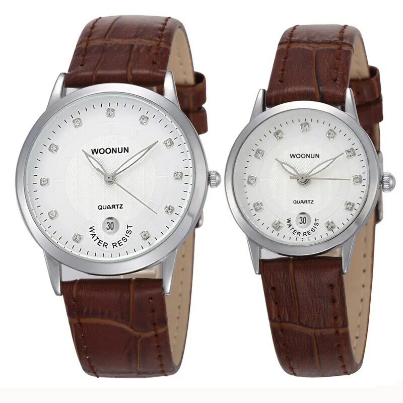 최고 유명 브랜드 명품 연인 시계 WOONUN 가죽 스트랩 라인석 세트 연인을 위한 패션 쿼츠 커플 시계, 드롭 배송