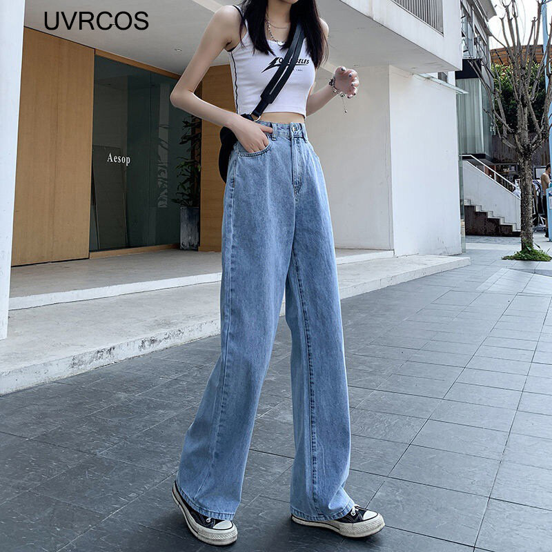 Frauen Jeans Straße Casual Hohe Taille Hosen Koreanische Mode Licht Blau Gerade Jeans Baumwolle Lose Schwarze Weibliche Jeans