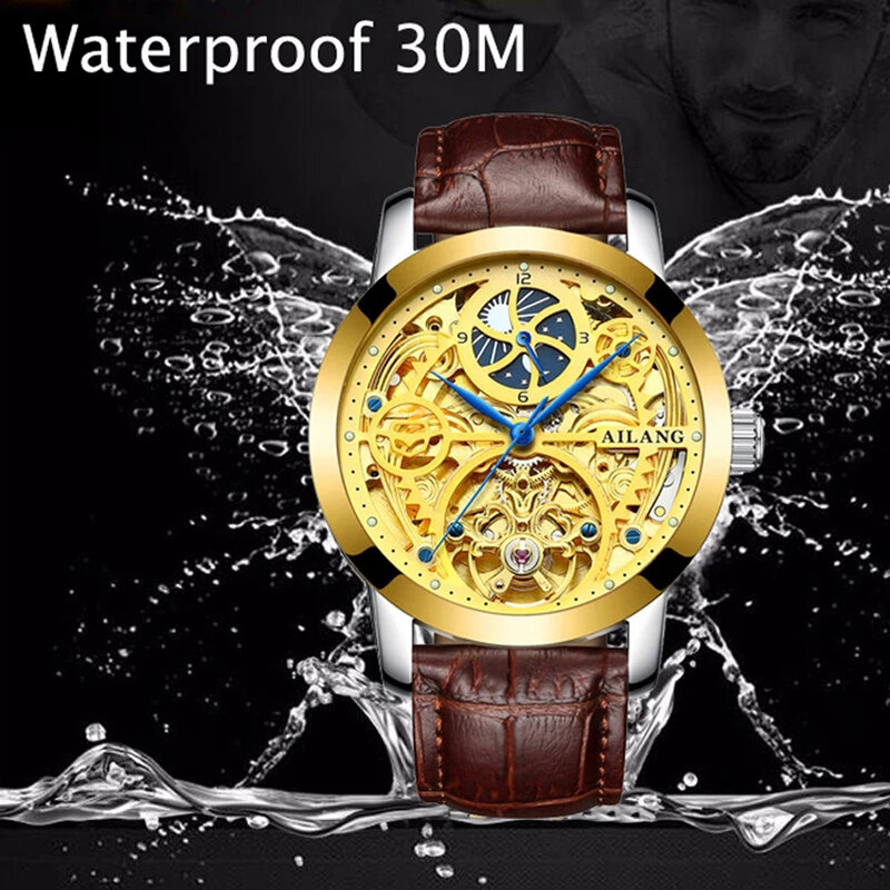 AILANG 2021 New Men's Watch Business Casual 50M Life Waterproof Hollow Fully Automatic Mechanical Leather Strap Watches 6812A