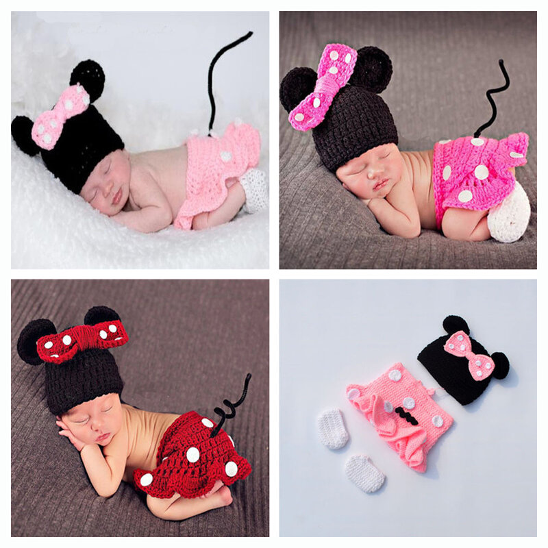 เด็กทารกเสื้อผ้าการถ่ายภาพ Props อุปกรณ์เสริมทารกแรกเกิด0-3M ถัก Handmade 3-Pack Minnie เครื่องแต่งกายสำหรับ New Born