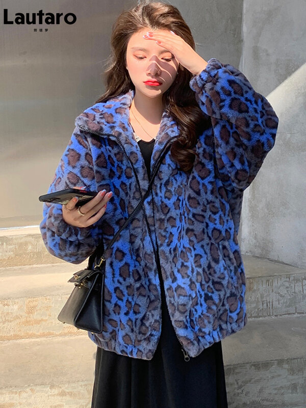 Lauraro Mantel Bulu Imitasi Motif Macan Tutul Warna-warni Ukuran Besar Musim Dingin Wanita Jaket Berbulu Lembut Hangat Ritsleting Lengan Panjang Fashion Korea