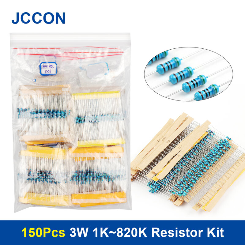 150 peças resistor de filme de metal 3w 1k ~ 820k kit sortido com 30 valores x 5 peças = 150 peças conjunto de amostra resistência do anel de cor 1k 1k5 2k