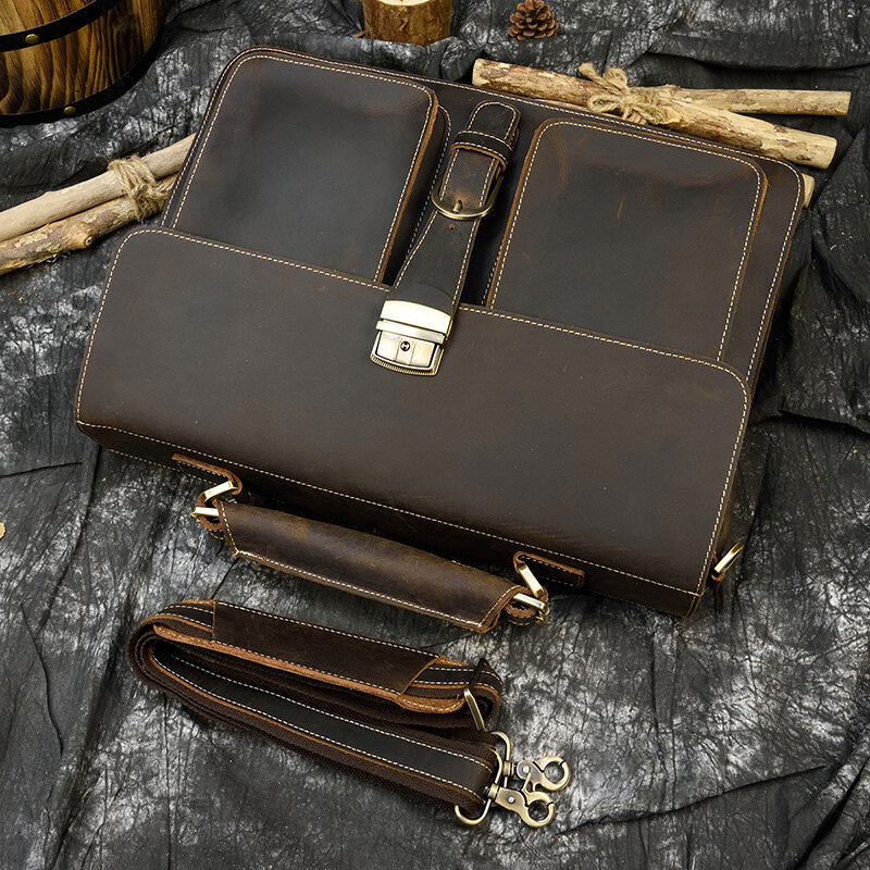 Luufan-maletín de negocios de cuero genuino para hombre, bolsa para ordenador portátil de 15 pulgadas, bandolera de cuero de vaca