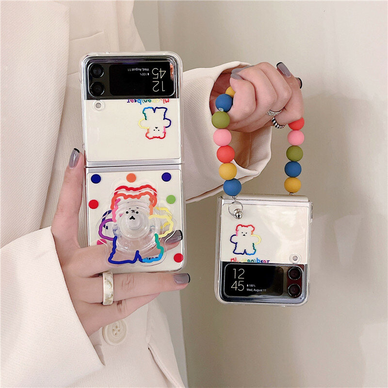 Korea Cartoon Phone Cases For Samsung Galaxy Z Flip 4 3 5G Cute Bracelet Holder Clear Hard PC Cover Case For Samsung Z Flip 1 2