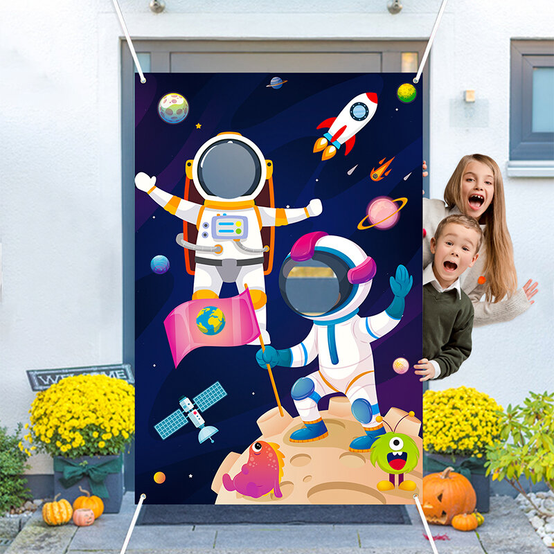 Astronauta rosto fotografia fundo para crianças, espaço foto pano de fundo adereços, tema universo, fingir jogar, festa jogo suprimentos