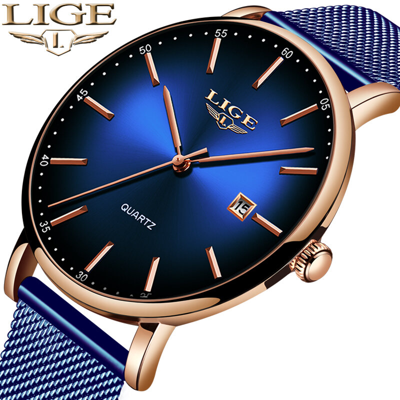 Часы наручные LIGE Мужские кварцевые, модные брендовые Роскошные Синие водонепроницаемые ультратонкие Простые повседневные спортивные с датой