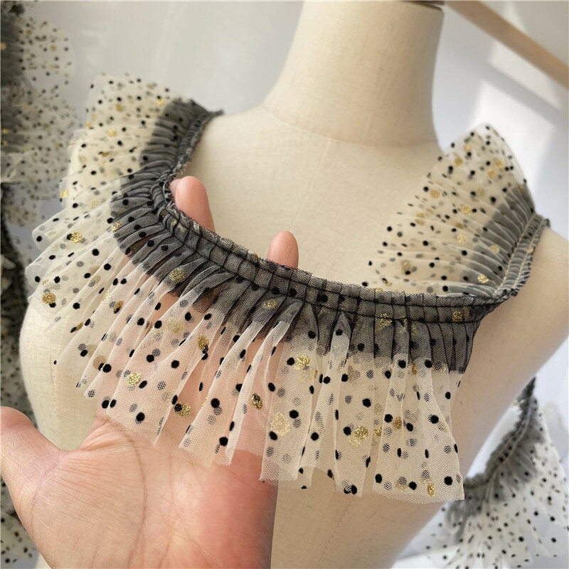 Tela de encaje plisada de doble capa con puntos pequeños, ramillete de cuello DIY, mangas esponjosas, falda de recorte, decoración de costura, 2022