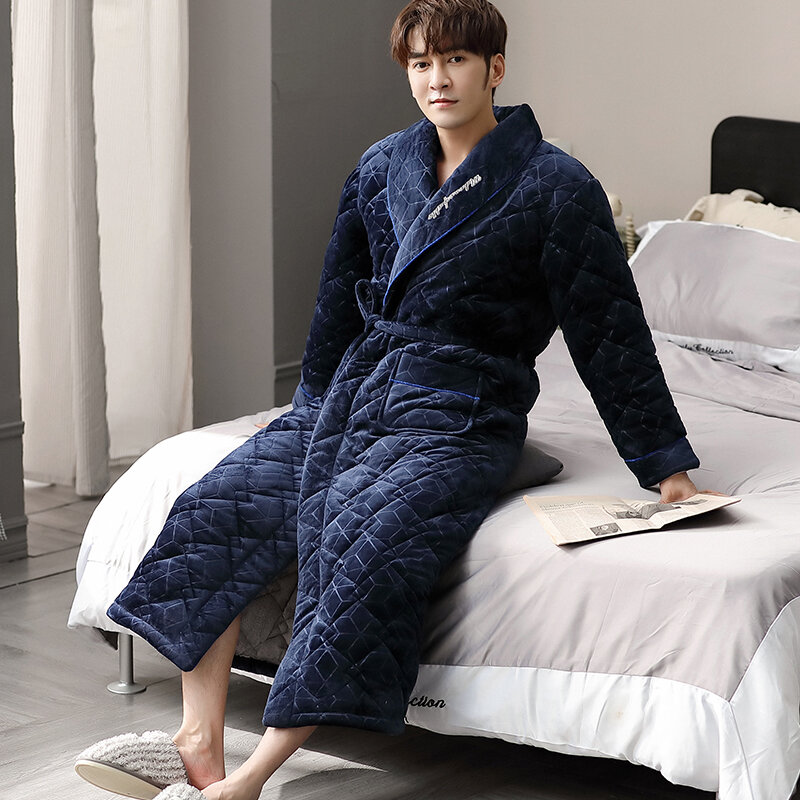 Men Geometric Kimono Bathrobe Winter Flannel Quilted Long Robe Thick Warm Sleepwear Big Yards3XL Nightgown Male Casual Home Wear
