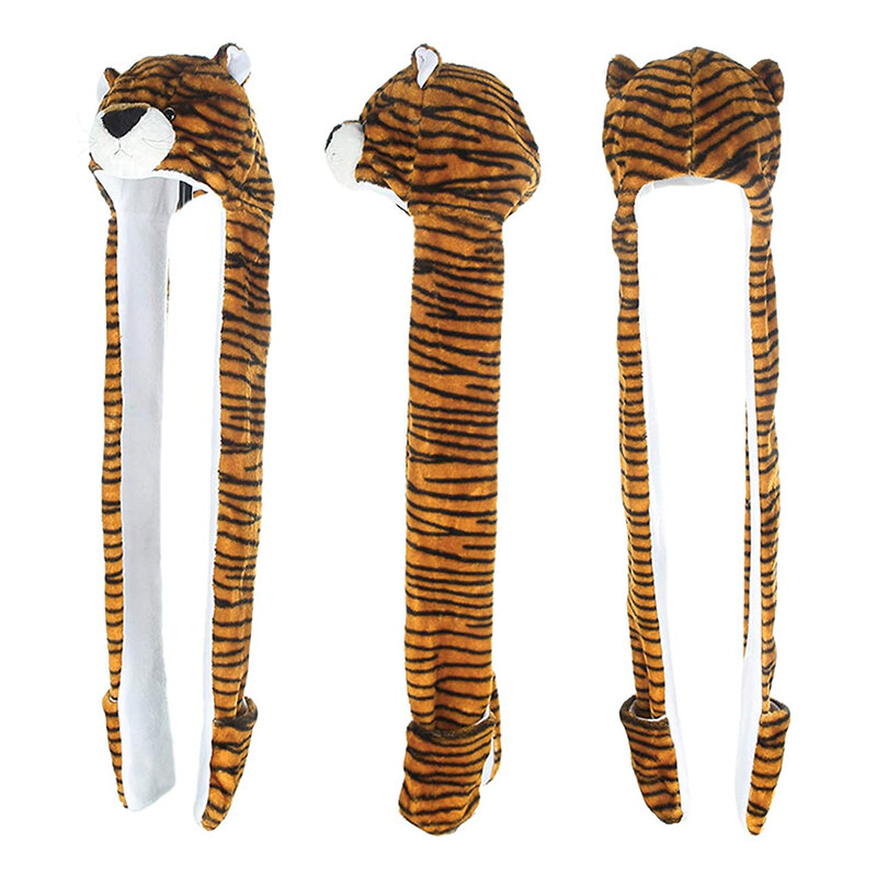 Topi Bulu Halus Musim Dingin Berbentuk Kepala Harimau dengan Garis-garis dan Telinga Bergerak Yang Dicapai dengan Mencubit Topi Cakar untuk Menjaga Hangat Sarung Tangan Syal