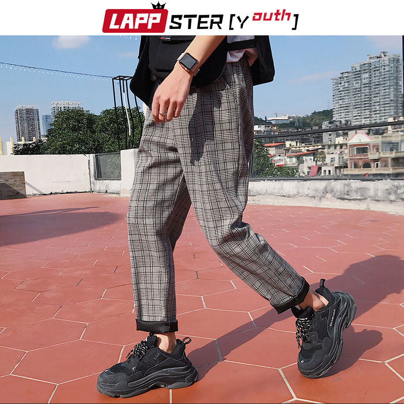 LAPPSTER-Youth Streetwear Black Plaid Pants Men Joggers 2023 Mens Straight Harem Pants Men Korean Hip Hop Trousers Plus Size