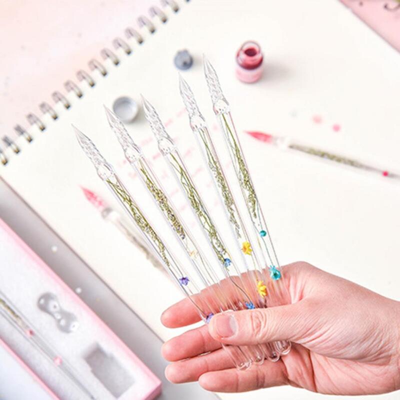 1Set Ink Pen Dried Flower Design Collection Handmade Crystal Glass Signature Dip Pen for Calligraphy Writing Ink Gift Box Set