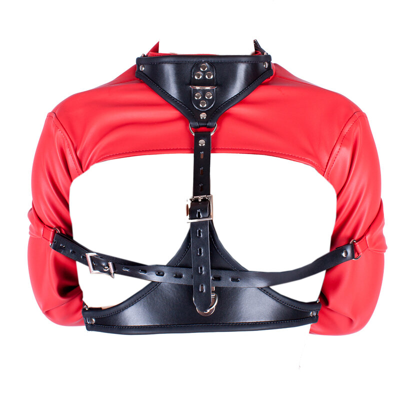 Sexy Women PU Leather Body Harness Cupless Straight Jacket Costume Red Color
