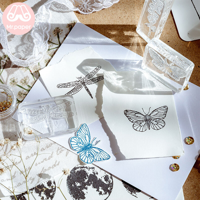 Mr papier 12 dessins papillon plantes lune Transparent acrylique sceau timbres pour Scrapbooking déco artisanat Standard acrylique timbres